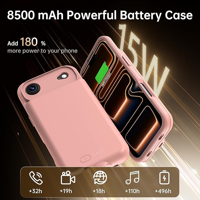 GIN FOXI Battery Case for iPhone 17 AIR, Charging Case Charger 8500mAh Ultra-Slim Lightweight Powerful Battery Pack 15W Fast Rechargeable Anti-Fall TPU Juice Box for iPhone 17 AIR (6.5") Pink