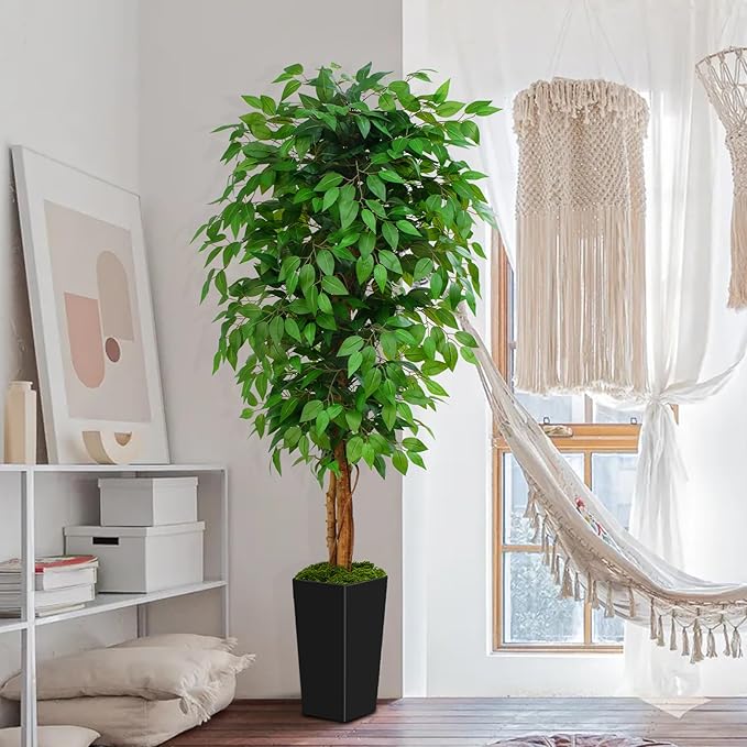 6ft Ficus Artificial Tree with 3 Natural Curved Trunks, 74" Tall Lush Faux Tree for Home Decor Indoor, Green Lifelike Fake Ficus Tree with Black Planter Pot