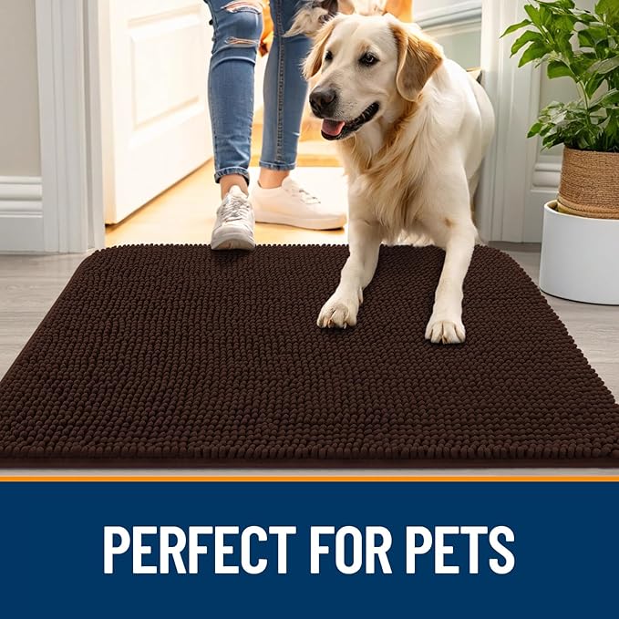 OLANLY Dog Door Mat for Muddy Paws 47x24, Absorbs Moisture and Dirt, Absorbent Non-Slip Washable Doormat, Quick Dry Chenille Mud Mat for Dogs, Entry Indoor Entryway Carpet for Inside Floor, Brown