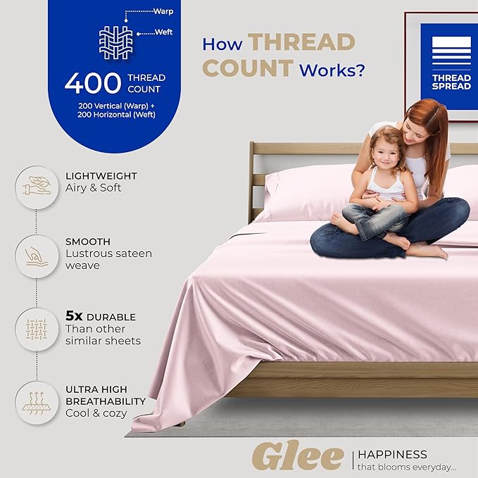 THREAD SPREAD Split King Sheets Sets for Adjustable Bed - 400 Thread Count 5 PC Sateen Split Sheet Set, Cooling Cotton Sheets, 2 Twin-XL Fitted Sheets, 16" Deep Pocket Split King Sheet (Blush)