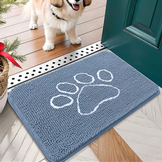 OLANLY Dog Door Mat for Muddy Paws 24x16, Paw Print Design, Absorbs Moisture and Dirt, Non-Slip Washable Doormat, Quick Dry Chenille Mud Mat, Entry Indoor Entryway Carpet, Airy Blue and White
