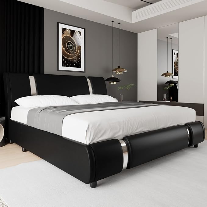 TTVIEW Modern Faux Leather Upholstered Platform Bed Frame with Iron Metal Decor, Adjustable Curved Headboard, Wooden Slats Support, No Box Spring Needed, Queen Size, Black