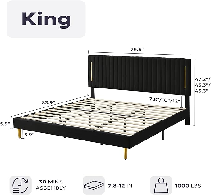King Platform Bed Frame, Velvet Upholstered Bedframe with Vertical Channel Adjustable Headboard, Golden Plating Trim, Mattress Foundation with Wooden Slats, No Box Spring Needed, Black