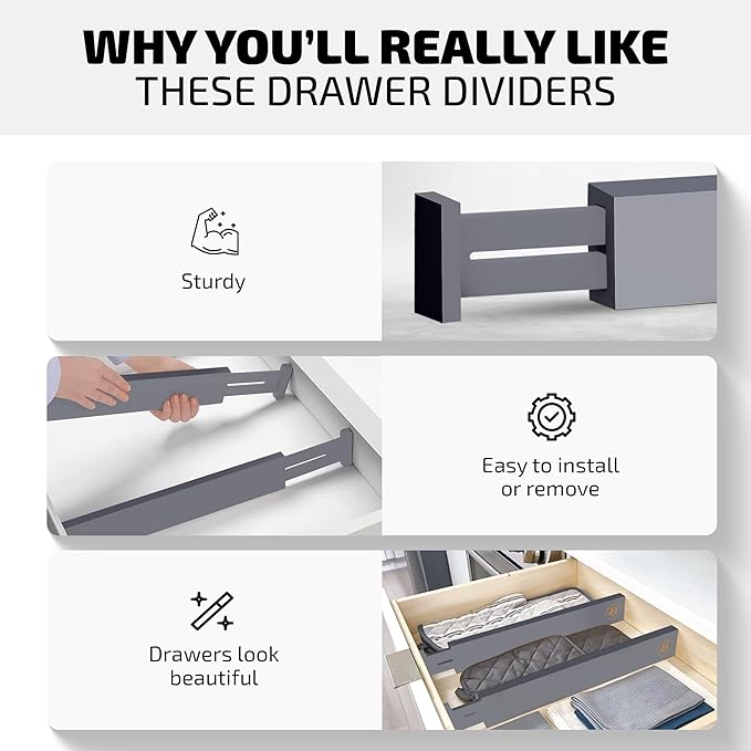 Bambüsi 4 Pack Drawer Dividers - 2.6" High, 16-22" Adjustable Bamboo Drawer Organizers for Clothes, Expandable Dresser Separators in Bedroom/Bathroom/Kitchen/Office Organization and Storage (Grey)