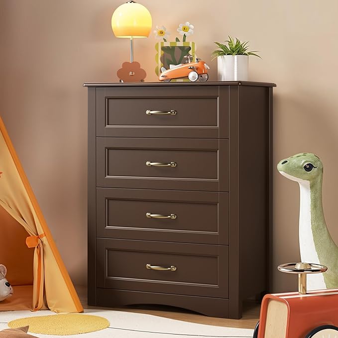 Gizoon Dresser for Bedroom with 4 Drawers Wooden Chest of Drawers for Closet Dresser Storage Unit Organizer for Hallway Living Room and Office, Dark Brown