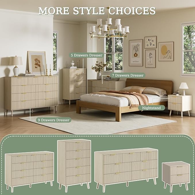 LYNSOM Fluted 9 Drawer Dresser for Bedroom, 55" Wide Modern Chest of Drawers with Curved Profile Design and Metal Handles, Wood Dresser TV Stand & Storage Organizer for Bedroom, Hallway, Beige