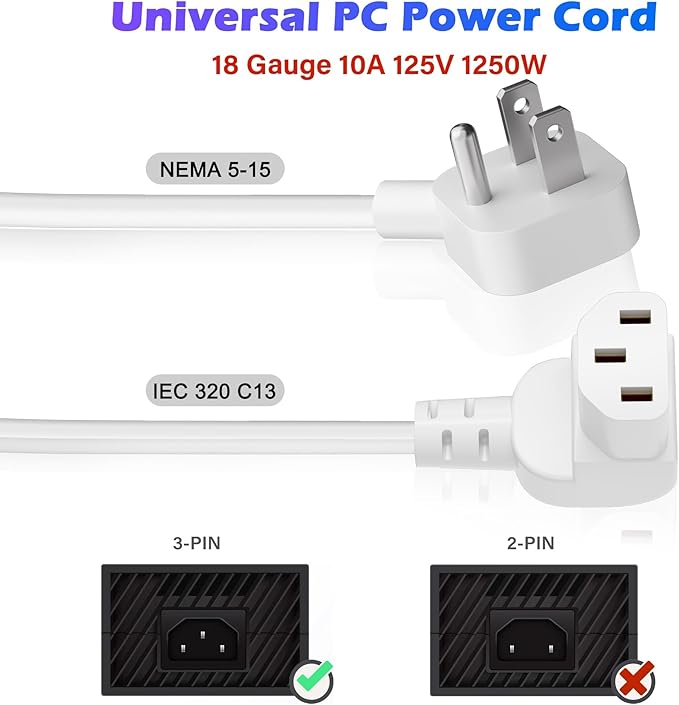 Adoreen 20 Ft Computer TV Replacement Power Cord White, Low Profile Flat Plug to 90 Degree Angled L-Shaped 18AWG 3-Prong AC Universal Power Supply Cable for Printer, PC, Monitor TV LCD, ETL+Ties