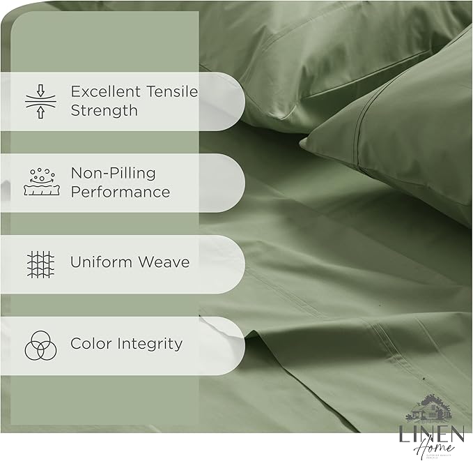 Linen Home 100% Cotton Percale Sheets Full Size, Oil Green, Deep Pocket, 4 Pieces Set - 1 Flat, 1 Deep Pocket Fitted Sheet and 2 Pillowcases, Crisp Cool and Strong Bed Linen