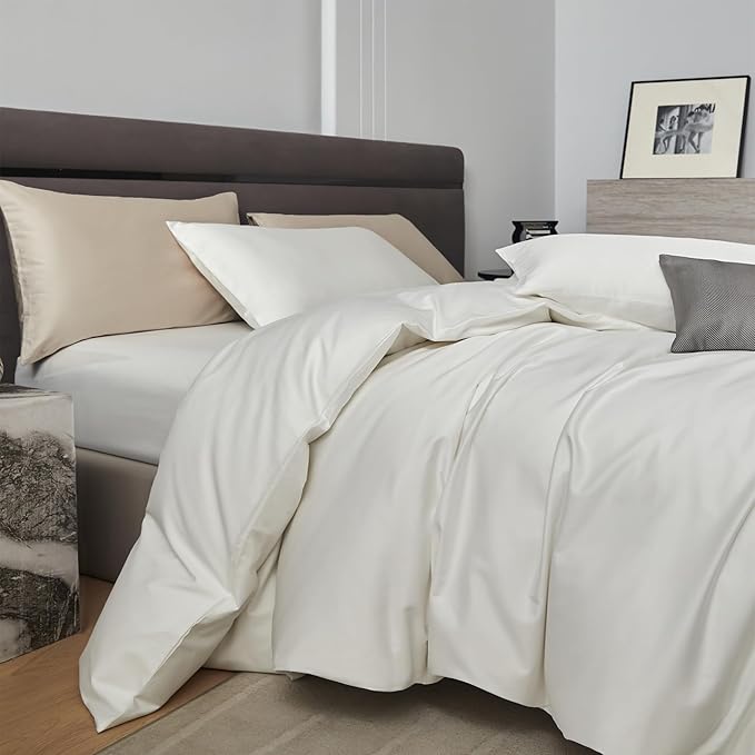 PURE ERA Duvet Cover Set 800 Thread Count Long Staple Cotton Sateen Silky Soft Luxurious Smooth 3 Piece Set Solid White Queen