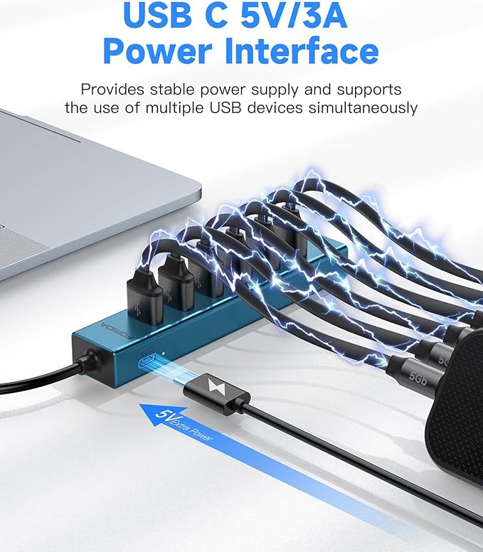 7 Ports USB 3.0 Hub, USB to Network HUB with 3.9ft Long Cable for Laptop, USB Splitter with Gigabit Ethernet Port and 5V/3A Power Port, MultiPort Aluminum Hub for iMac, PC, Flash Drives (Blue)