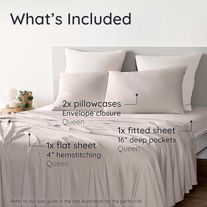 Bambaw 100% Viscose Derived from Bamboo Sheets Queen Size Set – 4pcs Cooling Sheets for Hot Sleepers, Soft Deep Pocket Queen Sheet Set Fits Up to 16'' with Elastic Corner Straps (Sand)