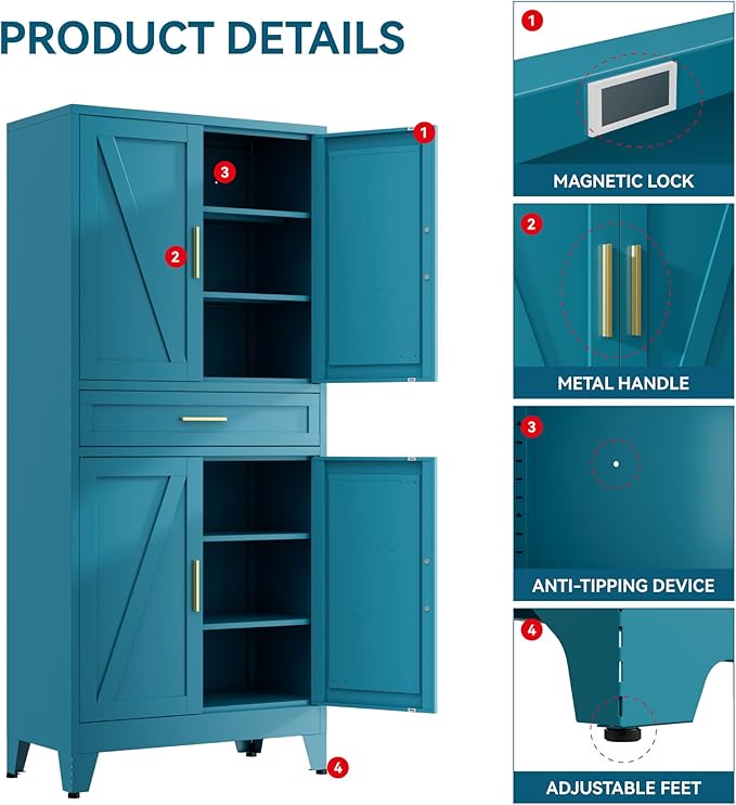 71" Tall Farmhouse Pantry Cabinet,Metal Cabinet with Adjustable Shelves and Doors,Storage Cabinet for Kitchen Garage,Blue