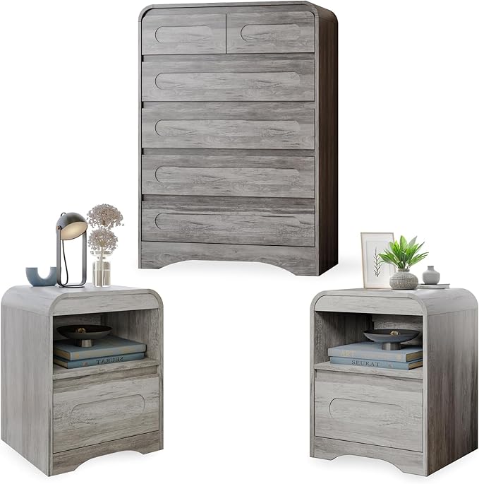 3 Piece Bedroom Set, Dresser and Nightstand Sets for Bedroom, Wood 6 Drawer Dresser & Night Stand Set of 2, Tall Chest of Drawers Modern Storage Cabinet Bedroom Furniture Set, Grey