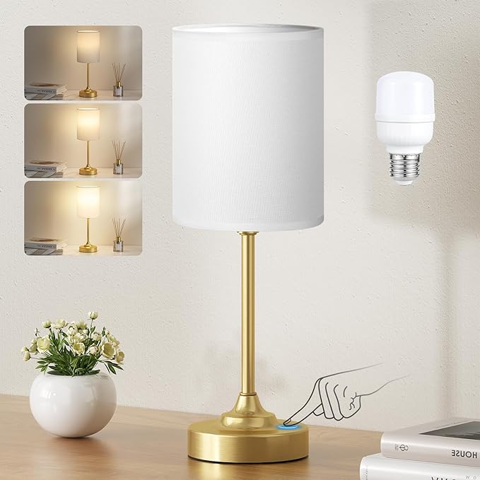Fenmzee Gold Nightstand Bedroom Lamp - 3 Way Dimmable Bedside Lamp, Small Table Lamp Linen Lampshade for Office Desk, LED Bulb Included