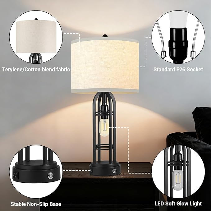 Black Table Lamps Set of 2, Table Lamp with USB Port, 3 Color Temperatures, Stepless Dimming, Bedside Lamps, Bedroom Lamps, Farmhouse Lamps for Living Room(Bulbs Included)