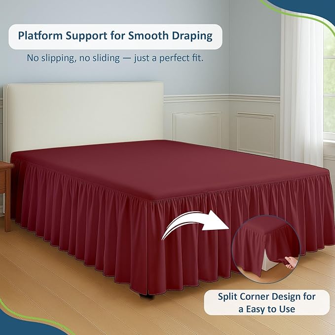 Rajlinen Ruffled Bed Skirt California King, 14 Inch Drop Dust Ruffle with Split Corners, 100% Microfiber Bedskirt with Platform, Three-Sided Coverage Ruffled Gathering Design, Burgundy