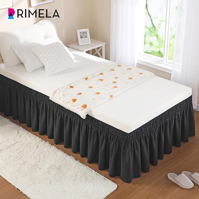 RIMELA Black Bed Skirt Twin Size 15 Inch Drop, Elastic Bed Skirting for Bed Base and Frame, Bedding Dust Ruffle Easy to Install, Lightweight Wrap Around Adjustable Bedskirt