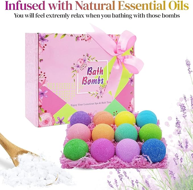 Bath Bombs for Women Relaxing Gifts Set 12 Handmade Organic Bath Bombs Amazing Present for Her, Wife, Girlfriend, Mother