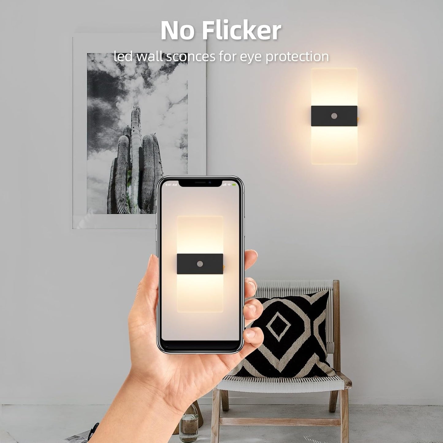 Wireless Motion Sensor Indoor Wall Sconces Set of 2, Morden Battery Acrylic LED Wall Lantern, Cordless Decorative Wall Lamps for Porch Patio Hallway Bedroom Living Room(Black)