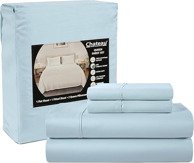 CHATEAU HOME COLLECTION 400 Thread Count Cotton Bed Sheets King Size, 15" Deep Pocket King Sheet Set, 4 Piece Naturally Cool Soft Sateen Weave Machine Washable Fully Elasticated- Light Blue