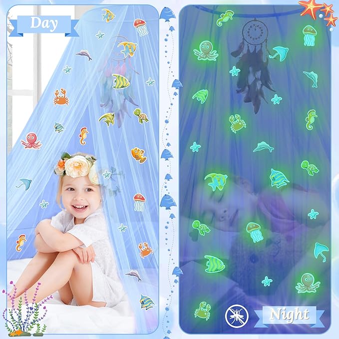 South to East Bed Canopy for Children with Glowing Marine Life, Blue Bed Curtains for Kids & Toddler Beds, Twin, Full & Queen, Mosquito Net Canopy for Boys Bedroom