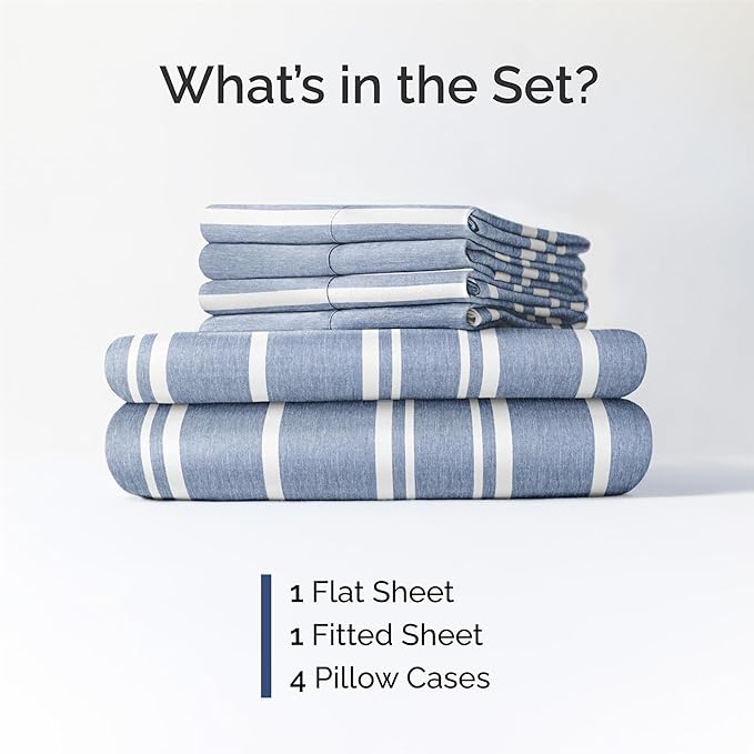 King 6 Piece Sheet Set - Cooling, Comfy & Breathable - Hotel Luxury Bedding, Includes Fitted Sheet for Women, Men, Kids & Teens - 1 Flat, 1 Fitted Sheet, 4 Pillowcases w/Deep Pockets - Blue Stripes