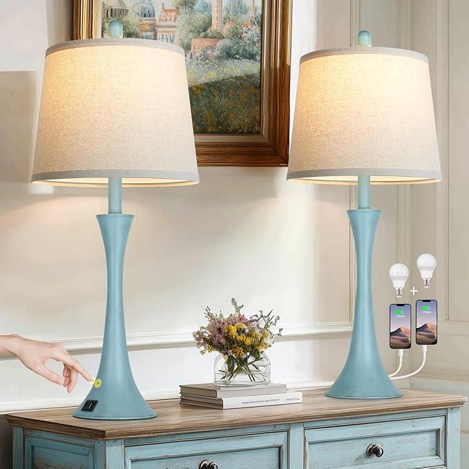 Riweey Blue Metal Table Lamp Set of 2 with USB C+A Ports, Bedside Lamp, Modern Bedroom Lamps, Coastal Lamp for Night Stands Bedroom Living Room,Nightstand Lamp LED Bulbs Included