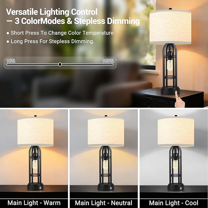 Black Table Lamps Set of 2, Table Lamp with USB Port, 3 Color Temperatures, Stepless Dimming, Bedside Lamps, Bedroom Lamps, Farmhouse Lamps for Living Room(Bulbs Included)