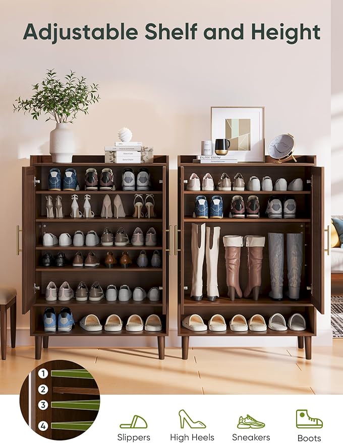 Shoe Storage Cabinet with 2 Slatted Doors, 6-Tier Large Shoe Cabinet with Adjustable Shelves, Hidden Entryway Shoe Organizer for Hallway, Foyer, Walnut
