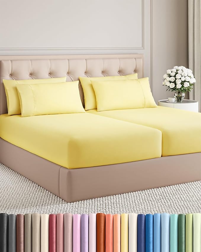 Split King 7 Piece Sheet Set - Cooling & Breathable - Hotel Luxury Bedding, Includes Fitted Sheets for Women, Men, Kids and Teens - 1 Flat, 2 Fitted Sheets, 4 Pillowcases with Deep Pockets - Yellow