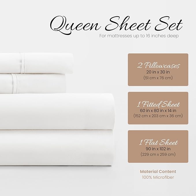 Linen Market Brushed Microfiber Queen Sheet Set 4 Piece – Oeko-TEX Certified Ultra Soft & Wrinkle-Free - 16" Deep Pocket Sheets - Easy Care Queen Size - White