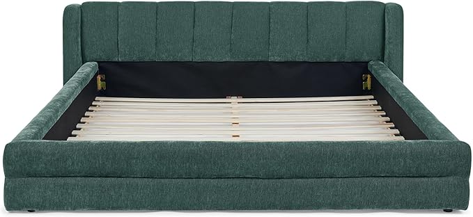 DEINPPA Queen Size Bed Frame with Cloud Soft Headboard, Chenille Upholstered Grounded Wood Base Bed Frame, No Box Spring Needed-Blue+Green