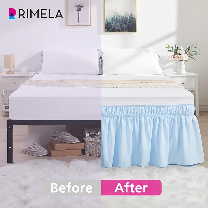RIMELA Light Blue Bed Skirt King Size 18 Inch Drop, Elastic Bed Skirting for Bed Base and Frame, Bedding Dust Ruffle Easy to Install, Lightweight Wrap Around Adjustable Bedskirt