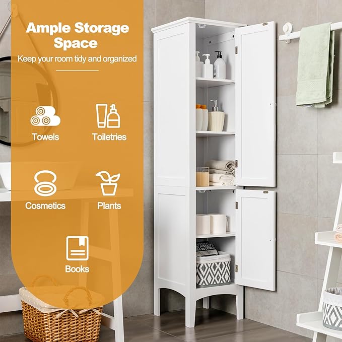 COSTWAY Tall Bathroom Storage Cabinet, 5-Tier Freestanding Linen Tower Cabinet with 2 Doors, Wooden Side Storage Organizer, Narrow Slim Floor Cabinet for Bathroom, Living Room, Kitchen (White)