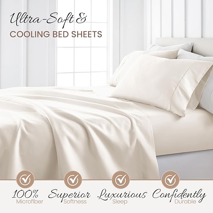 Linen Market Double-Brushed Microfiber Queen Sheet Set 4 Piece – Oeko-TEX Certified Ultra Soft & Wrinkle-Free - 16" Deep Pocket Sheets - Easy Care Queen Size - Ivory