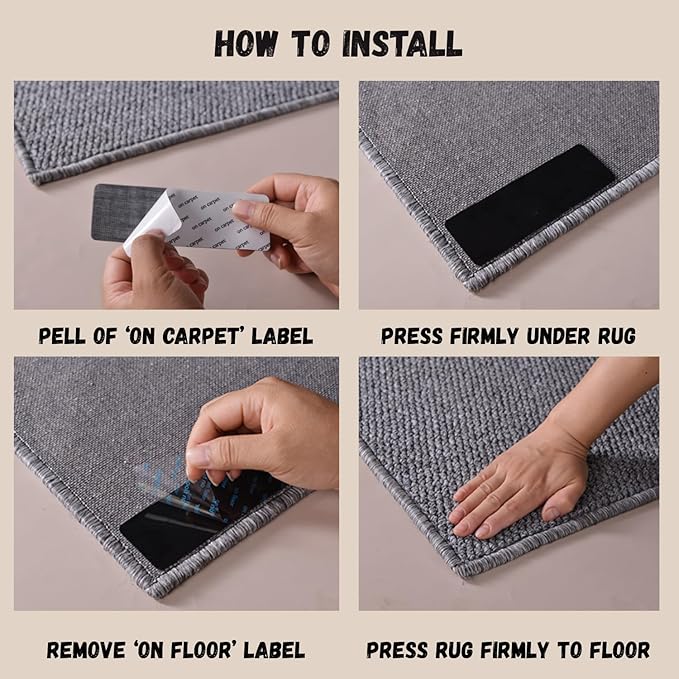 12-Pack Gripper for Rug for Hardwood Floors and Tiles: Double-Sided Reusable Rug Carpet Tape. Anti-Slip Tape Grips Area Rugs, Non-Slip Rug Pads Prevent Sliding, Curling, and Bunching (12 Rectangular)