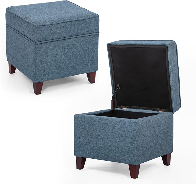 Adeco 17" Square Ottoman with Storage, Small Blue Storage Ottoman Foot Rest with Hinged Lid & Solid Wood Legs, Linen Fabric Foot Stool for Living Room & Bedroom, Seasonal Home Refresh & Gifting