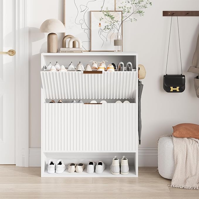 Garvee Fluted Shoe Storage Cabinet, Slim Hidden Shoe Rack Cabinet with 2 Flip Drawers & Bottom Open Shelf, Freestanding Entryway Organizer, Perfect for Closet, Hallway, Foyer, White