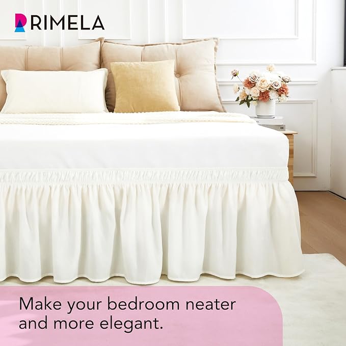 RIMELA Warm White Bed Skirt King Size 15 Inch Drop, Wrap Around Elastic Adjustable Bedskirt, Bed skirting Dust Ruffle for Bed Frame & Box Spring Soft Durable Fabric Machine Washable Easy to Install