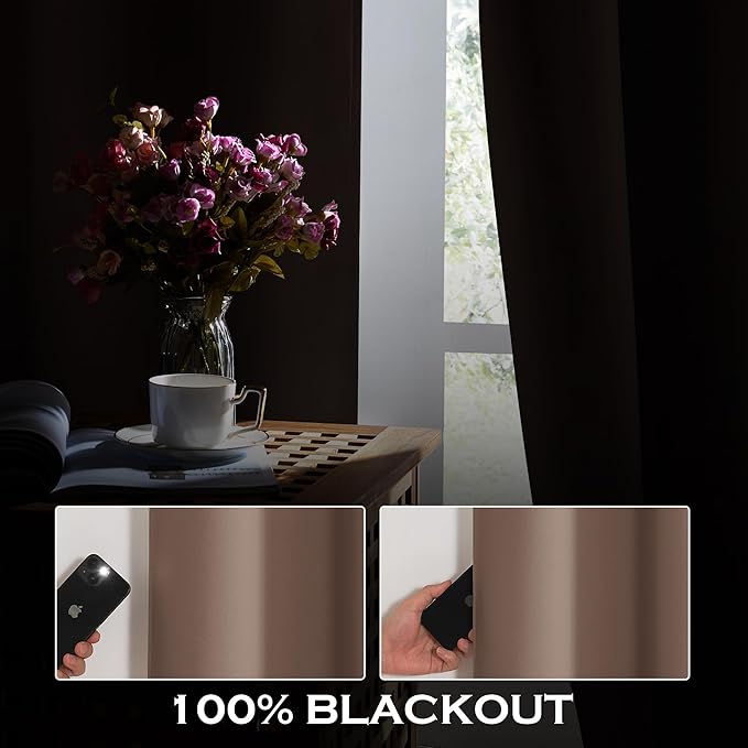 KGORGE 4-in-1 Soundproof Anti Dust 100% Blackout Curtains with Melt-Blown Layer Noise Reducing Thermal Insulating Window Drapes for Bedroom Nursery, W 52 x L 84, Mocha, 2 Panels