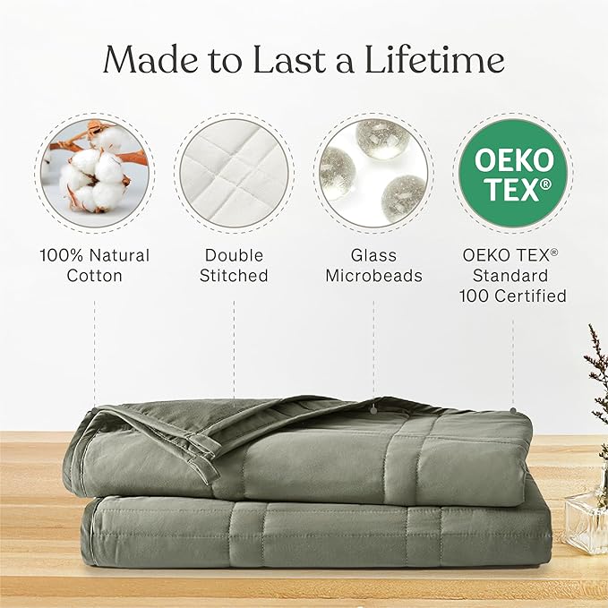 Baloo Weighted Blanket for Adults 12 lb Throw (Moss, 42"x72") | Cool & 100% Cotton | Machine Washable & Dryer Safe | Glass Microbead Fill
