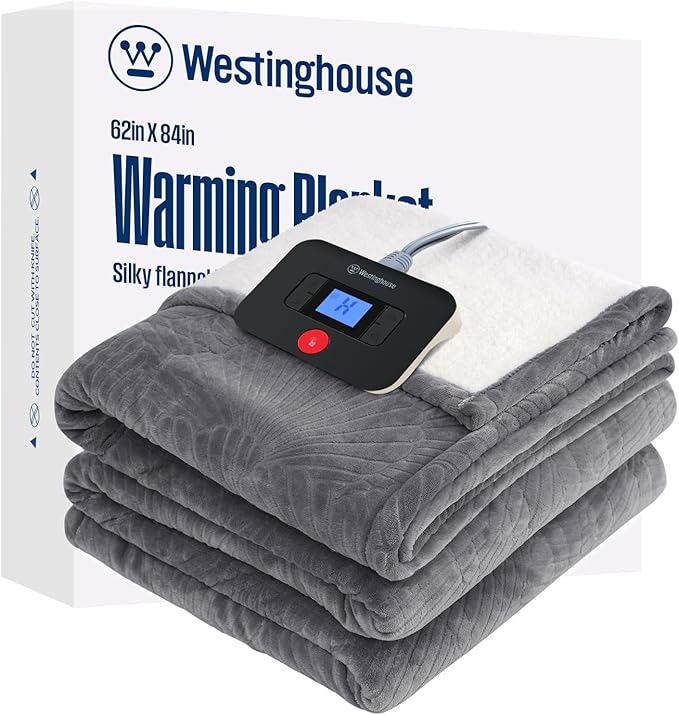 Westinghouse Electric Blanket Twin, Flower Jacquard Heated Blanket Twin Size with 10 Heating Levels and 1-12 Hours Auto-Off, Flannel to Sherpa Reversible, Machine Washable (62x 84 inch, Light Grey)