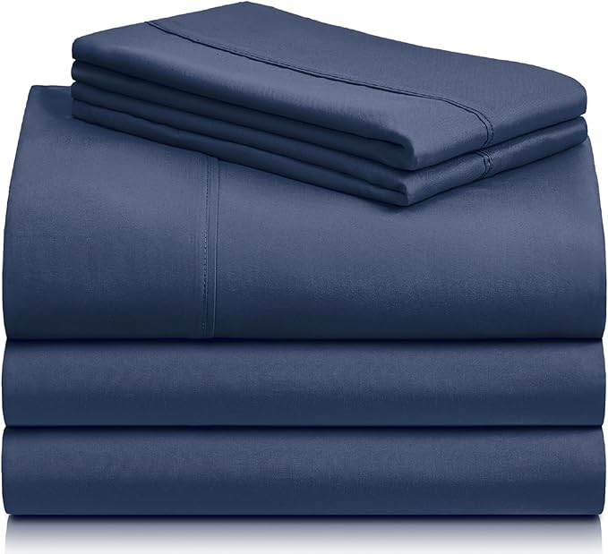 LuxClub 5 PC Split King Sheet Set, Deep Pockets Wrinkle Free Cooling Bed Sheets Hotel Bedding for Women, Men, Includes 2 Fitted Sheet, 1 Flat Sheet and 2 PillowcasesSoft Navy