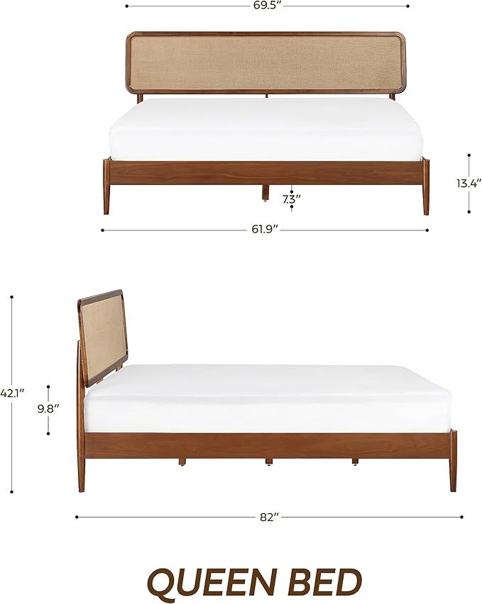 NTC Lupin Wooden Bed Frame with Headboard, Crafted from Walnut, Rubber Wood with Silent Slats and Wood Central Supports, 1000 Lb Capacity, Effortless Assembly, Queen - Dark Walnut