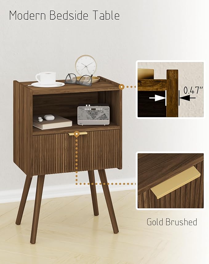 Nightstand,Modern Bedside Table with Storage Drawer and Open Wood Shelf, for Living Room, Bedroom and Small Spaces, Accent Night Stand with Solid Wood Legs, Easy Assembly,Walnut Brown