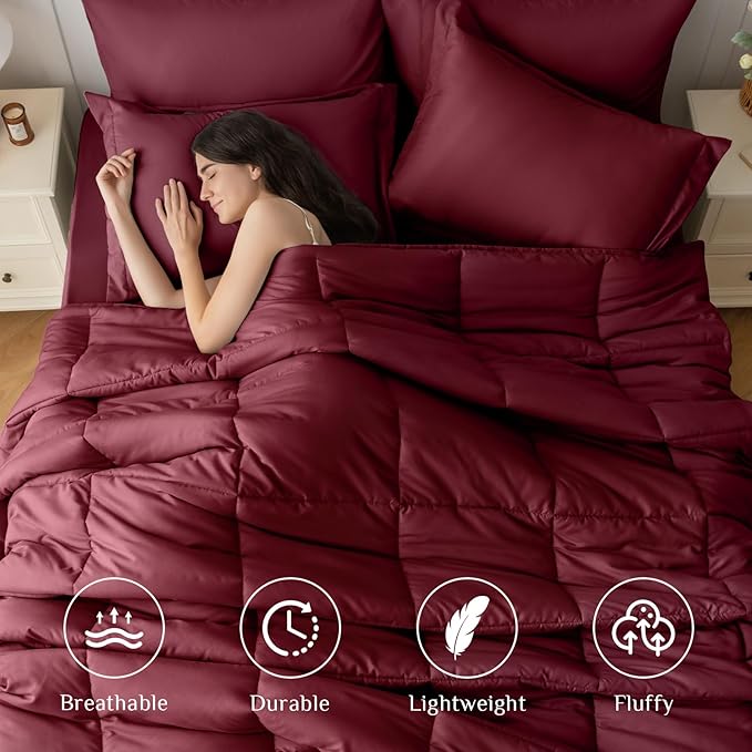 JOLLYVOGUE Full Comforter Set, Ultra-Soft Bed in a Bag Full Size 7 Pieces, Oeko-TEX Certified Bedding Set with Down Alternative Comforter, Sheets, Pillowcases & Shams, Burgundy
