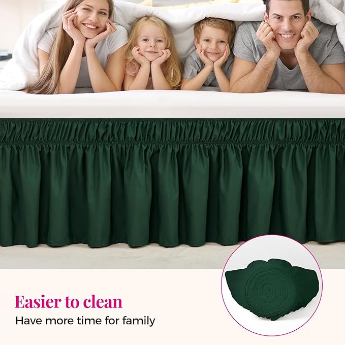 RIMELA Dark Green Bed Skirt Queen Size 15 Inch Drop, Elastic Bed Skirting for Bed Base and Frame, Bedding Dust Ruffle Easy to Install, Lightweight Wrap Around Adjustable Bedskirt