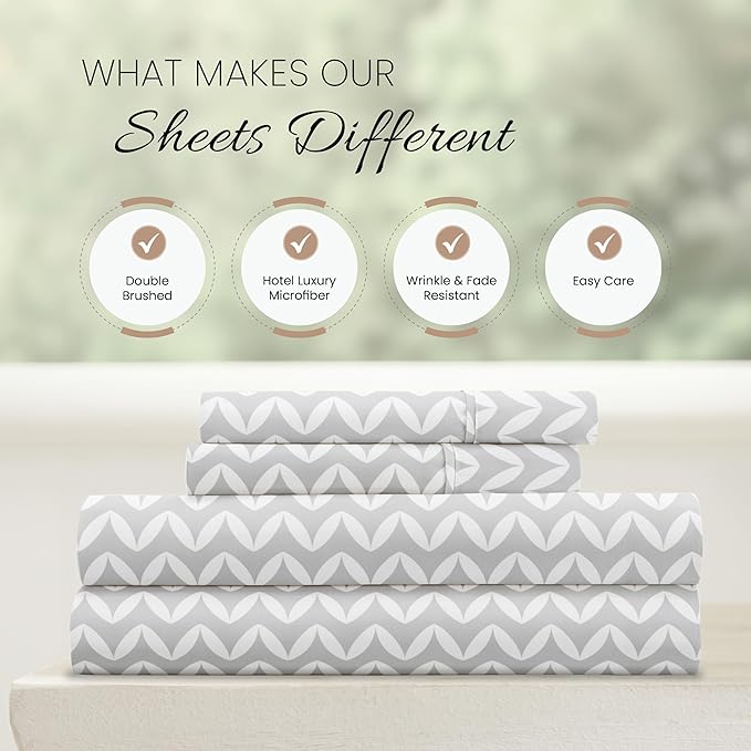 Linen Market Double-Brushed Patterned Microfiber Full Sheet Set 4 Piece – Oeko-TEX Certified Ultra Soft & Wrinkle-Free - 16" Deep Pocket Sheets - Easy Care Full Size - Puffed Chevron Light Gray
