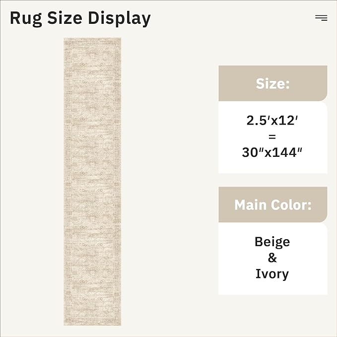 Runner Rug 2'6" x 12' Washable Non-Slip Runner Rugs for Kitchen Bathroom Laundry Room Vintage Ultra Thin Runners for Hallway Entryway Beige
