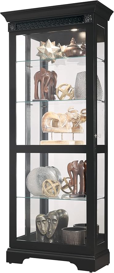 Howard Miller Brigid II Curio Cabinet – Premium Black Finish Illuminated Display Cabinet for Collectibles with Sliding Glass Door Adjustable Shelves Mirrored Back andSecure Key Lock